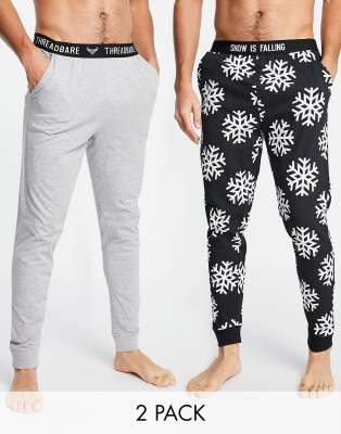 Threadbare – Christmas Snowdrift – 2er-Pack Lounge-Hosen in Grau und Schwarz