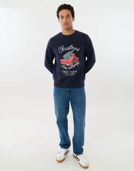Threadbare Christmas tree farm graphic print sweatshirt in navy, 3 of 4