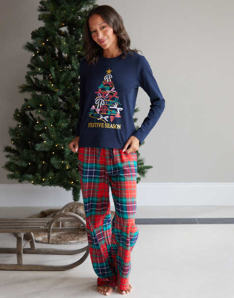 Threadbare Christmas tree graphic long pyjamas set in blue - view 1