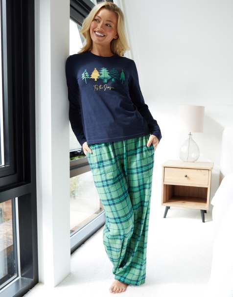 Threadbare Christmas tree graphic print long pyjamas set in navy - view 1