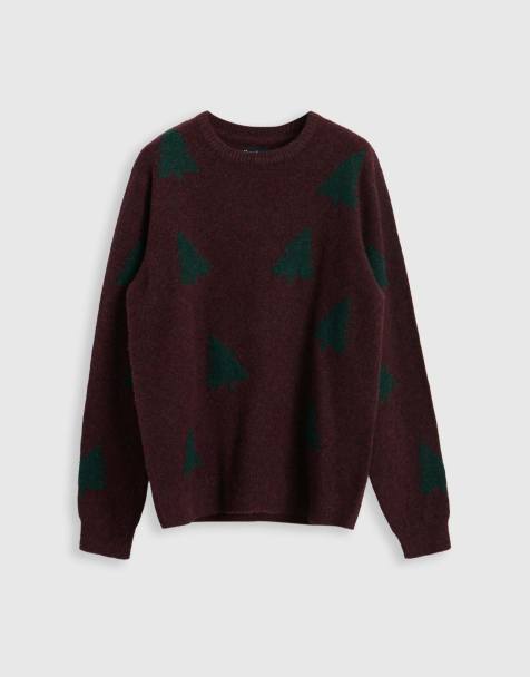 Threadbare Christmas trees knitted jumper in burgundy - view 1