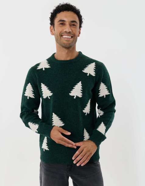 Threadbare Christmas trees knitted jumper in forest green - view 1
