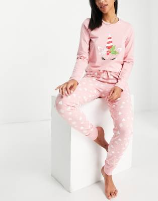 Threadbare Christmas Unicorn Long Pajamas In Pink