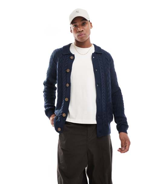 Threadbare chunky cable knit cardigan in navy - view 1