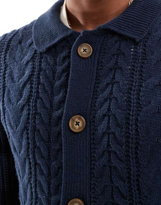 Threadbare chunky cable knit cardigan in navy ASOS