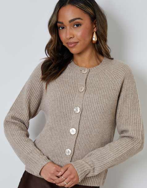 Threadbare Chunky knit button up cardigan in taupe - view 1