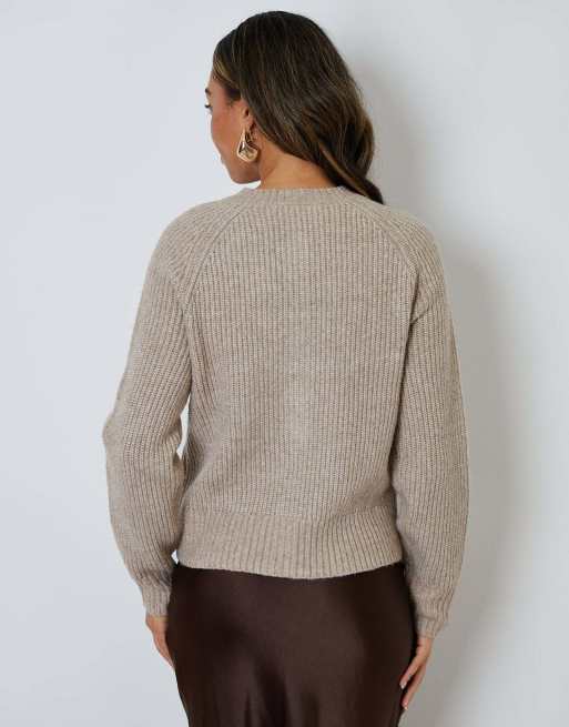 Threadbare Chunky knit button up cardigan in taupe, 2 of 5