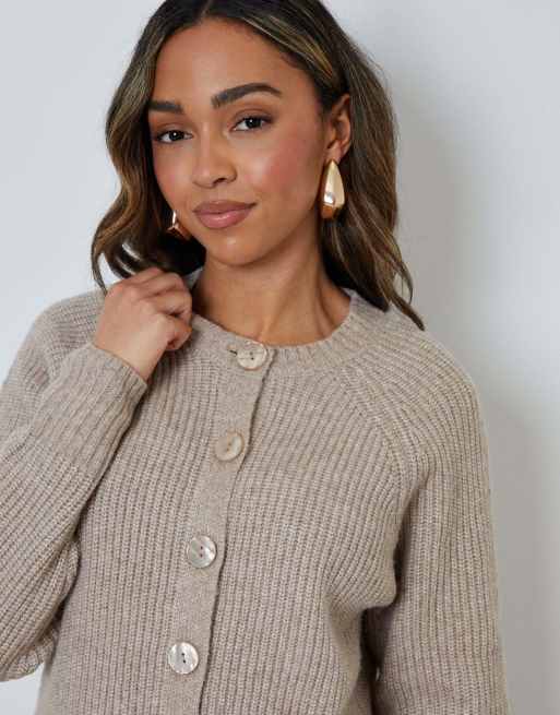 Threadbare Chunky knit button up cardigan in taupe, 3 of 5