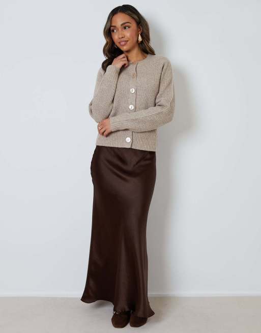 Threadbare Chunky knit button up cardigan in taupe, 4 of 5