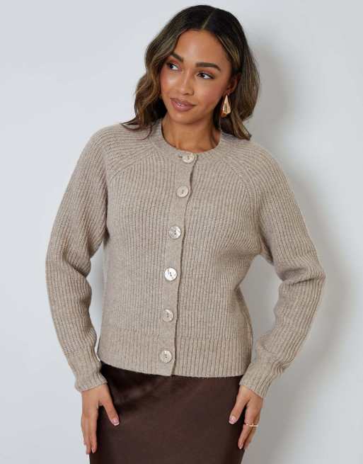 Threadbare Chunky knit button up cardigan in taupe, 5 of 5