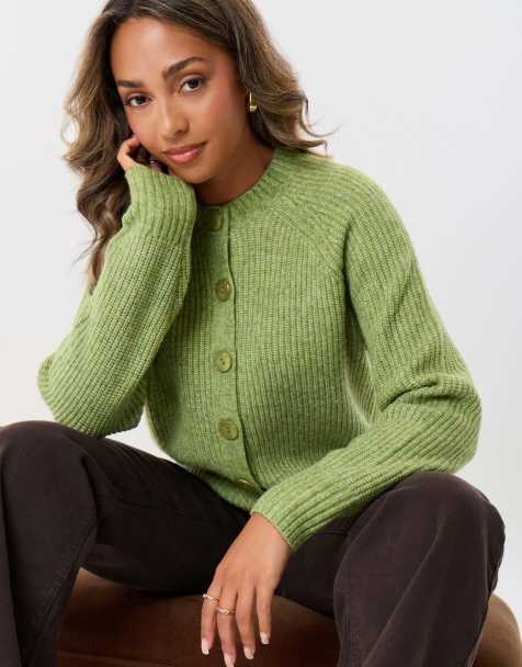 Threadbare Chunky knit crew neck cardigan in green - view 1