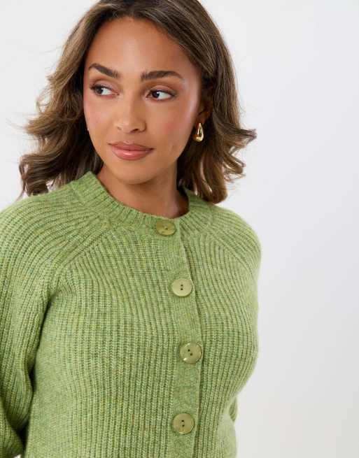 Threadbare Chunky knit crew neck cardigan in green, 3 of 4