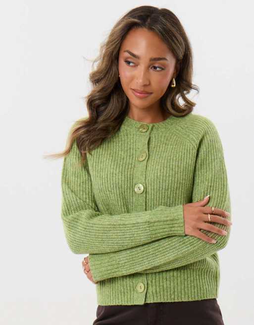 Threadbare Chunky knit crew neck cardigan in green, 4 of 4