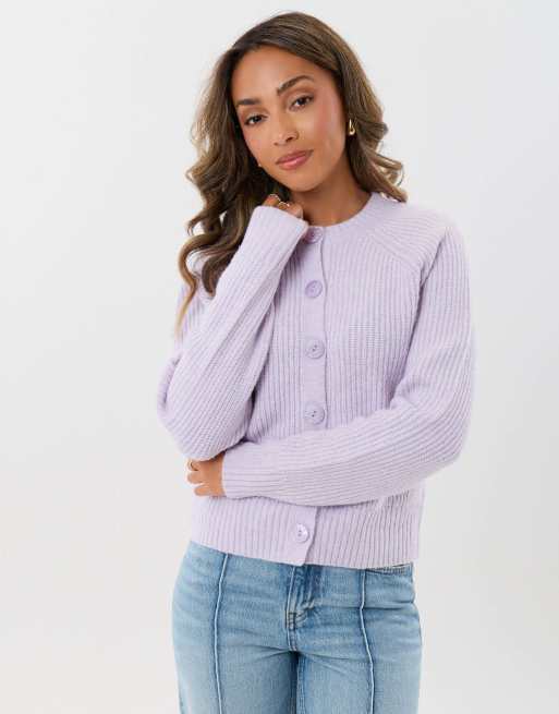 Threadbare Chunky knit crew neck cardigan in lilac, 3 of 4
