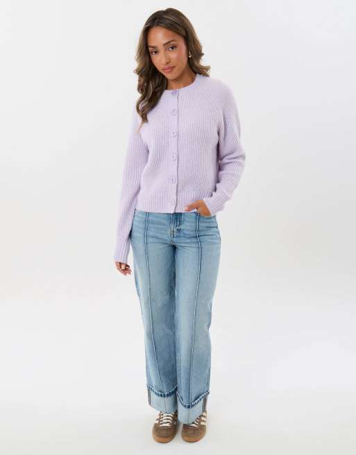 Threadbare Chunky knit crew neck cardigan in lilac, 4 of 4