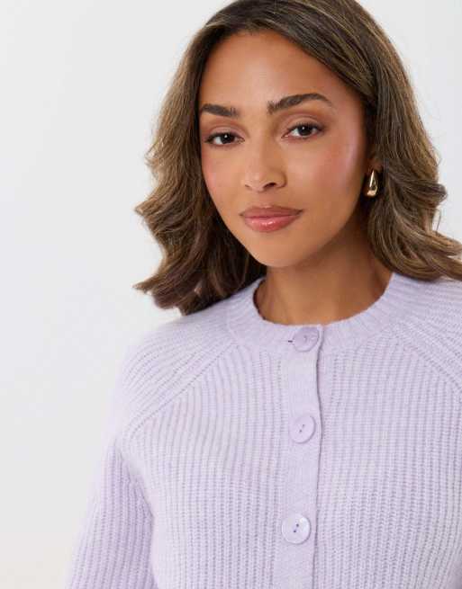 Threadbare Chunky knit crew neck cardigan in lilac, 5 of 5