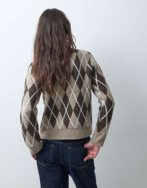 Threadbare chunky knit crew neck jumper with wool in camel argyle print, 4 of 5