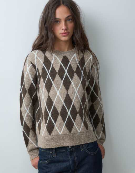 Threadbare chunky knit crew neck jumper with wool in camel argyle print, 5 of 5