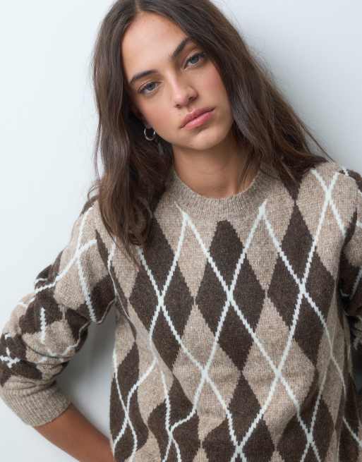 Threadbare chunky knit crew neck sweater with wool in camel argyle print, 2 of 5