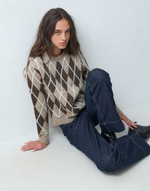 Threadbare chunky knit crew neck sweater with wool in camel argyle print, 3 of 5