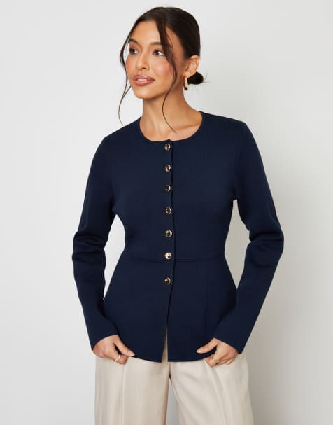 Threadbare Cinched knitted button up cardigan in navy - view 1
