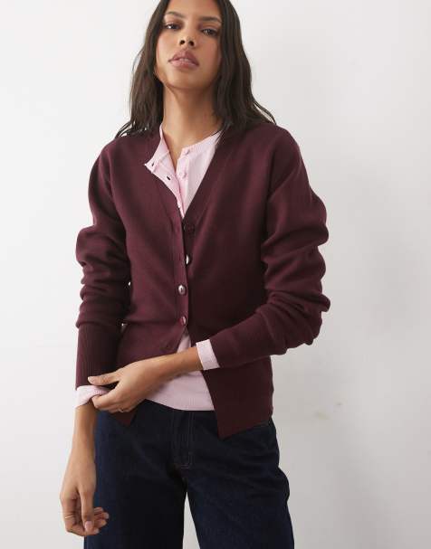Threadbare cinched v neck cardigan in burgundy - view 1