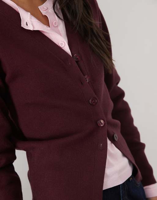 Threadbare cinched v neck cardigan in burgundy, 3 of 4