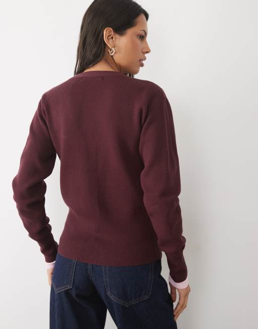 Threadbare cinched v neck cardigan in burgundy, 4 of 4