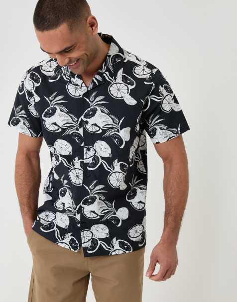 Threadbare Citrus print cotton short sleeve shirt in black - view 1