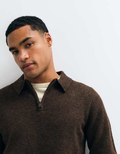 Threadbare classic 1/4 zip knitted polo in chocolate - view 1