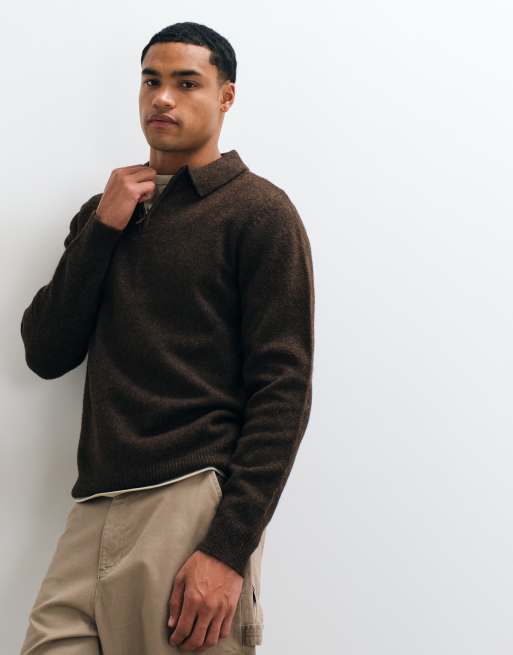 Threadbare classic 1/4 zip knitted polo in chocolate, 4 of 5