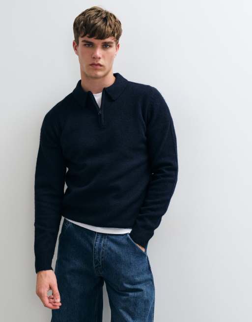 Threadbare classic 1/4 zip knitted polo in navy, 3 of 5