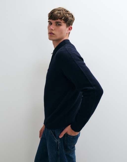 Threadbare classic 1/4 zip knitted polo in navy, 4 of 5