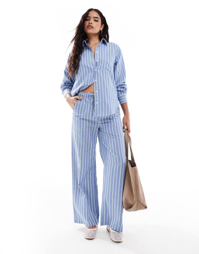 Threadbare - co-ord blue and white stripe linen look trousers with elasticated waist