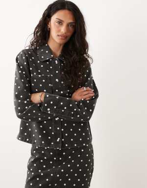 Threadbare co-ord denim jacket in black and white polka dot