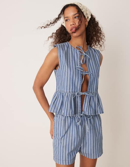 Threadbare co-ord denim stripe shorts with drawstring tie waist in blue, 3 of 5