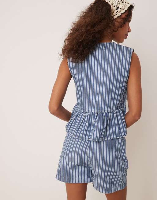 Threadbare co-ord denim stripe shorts with drawstring tie waist in blue, 4 of 5