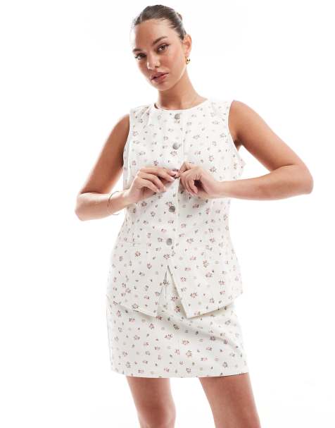 Threadbare co-ord denim waistcoat in white with pink ditsy print - view 1