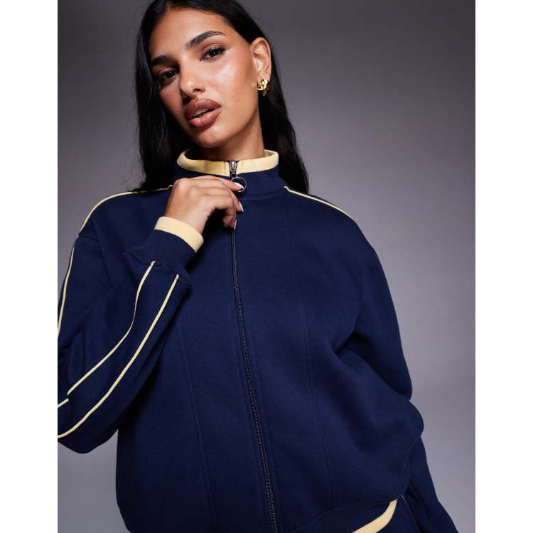 Threadbare co-ord fleece zip up track jacket in navy with yellow