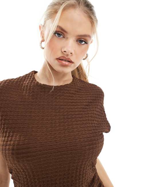 Threadbare Co-ord high neck textured top in brown, 4 of 4