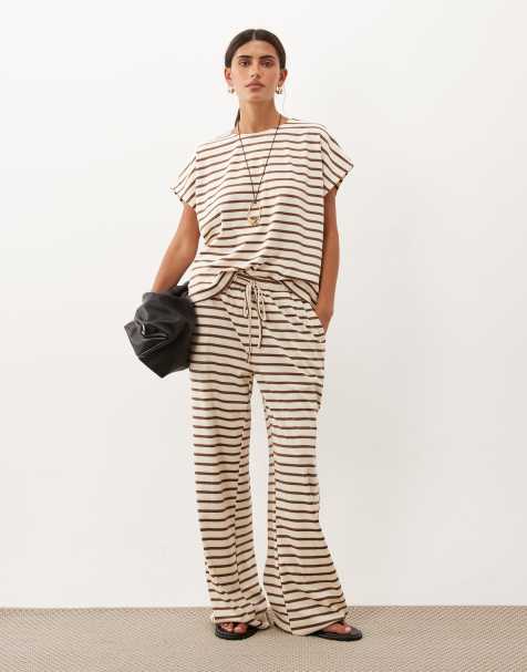 Threadbare Co-ord Pull-on-Hose mit weitem Bein in Ecru und braunem Streifenmuster - view 1