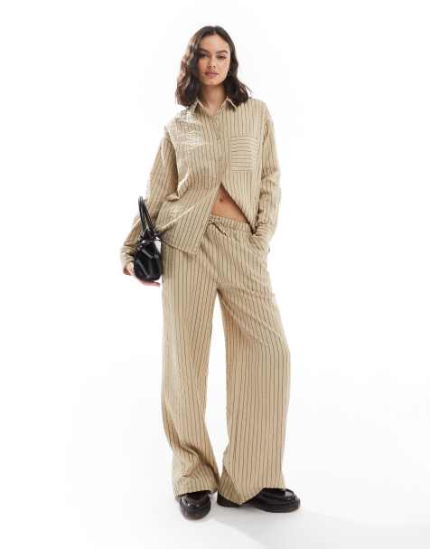 Threadbare co-ord pull on trousers in stone and brown stripe - view 1