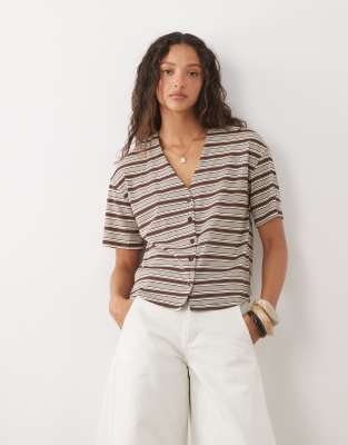 Threadbare Co-ord Ribbed Jersey Short Sleeve Beach Shirt In Brown