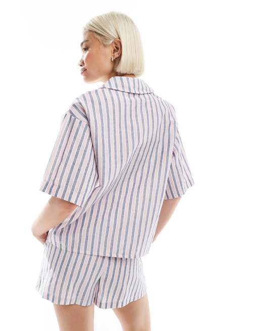 Threadbare co-ord stripe beach shirt in pink and blue, 4 of 4