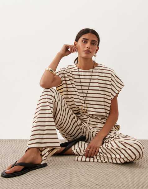 Threadbare co-ord t-shirt in ecru and brown stripe - view 1