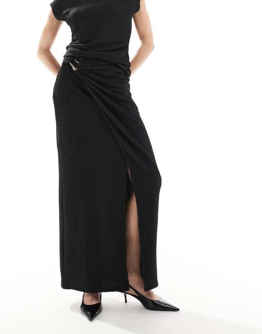 Threadbare co-ord textured black maxi skirt with gold trim detail, 5 of 5