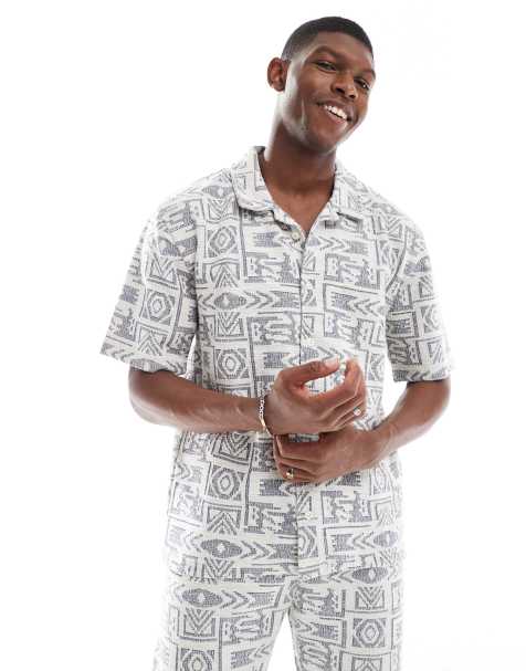 Threadbare co-ord textured short sleeve aztec print shirt in ecru