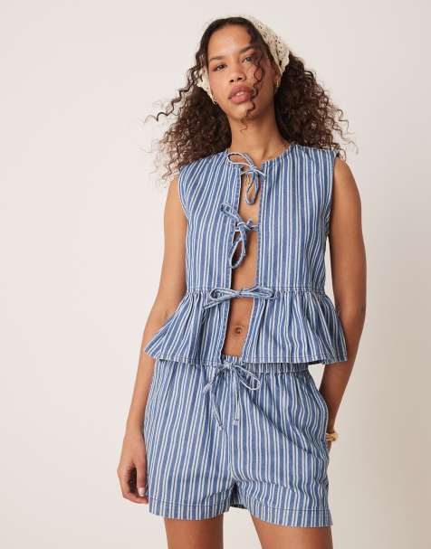 Threadbare co-ord tie front denim stripe waistcoat in blue - view 1