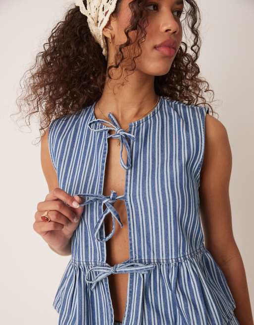 Threadbare co-ord tie front denim stripe waistcoat in blue, 3 of 4