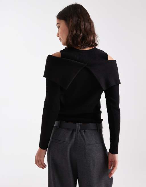 Threadbare cold shoulder long sleeve sweater with bow detail in black, 4 of 4